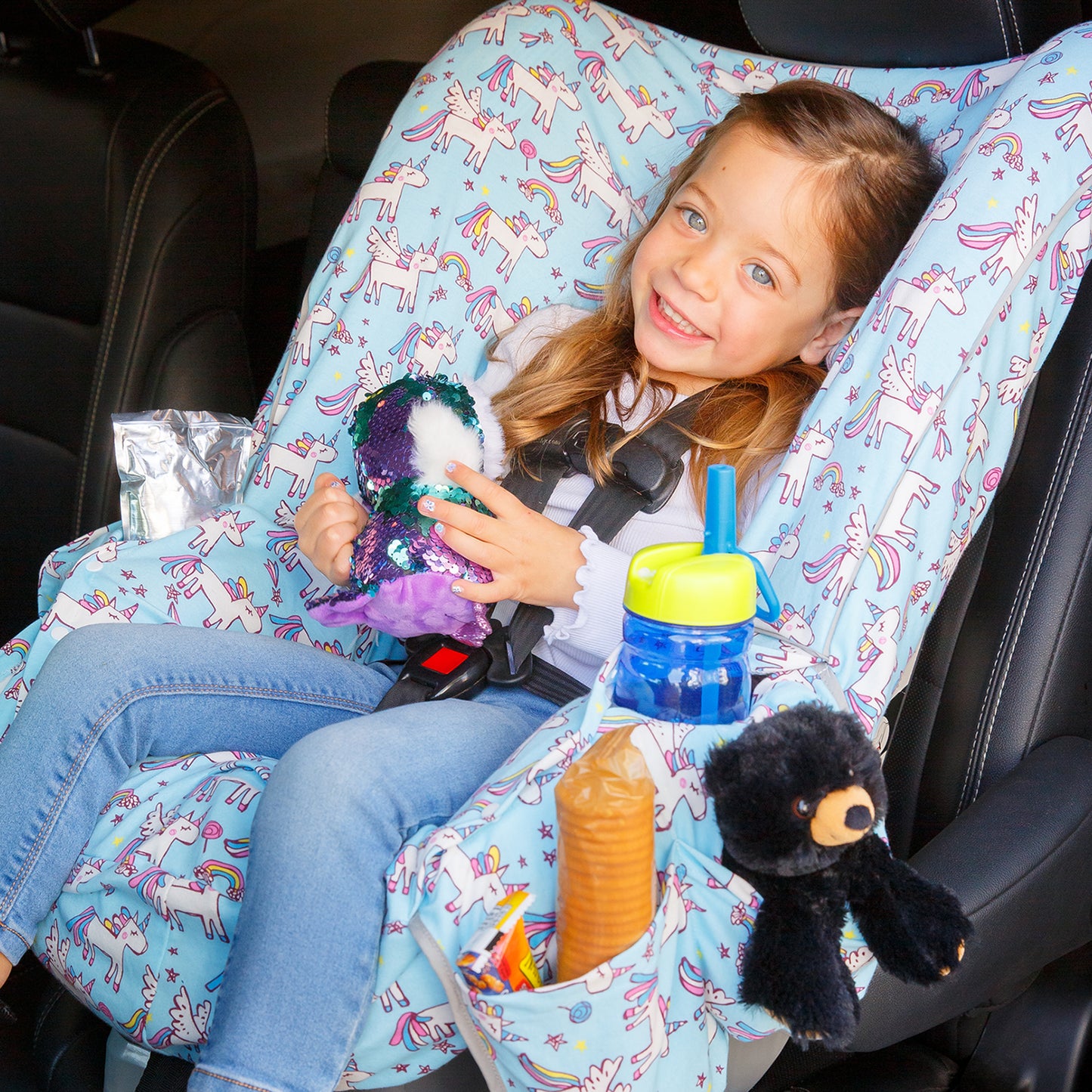 Niko Easy Wash Children's Car Seat Cover in 100% Cotton, Blue with Unicorn Print