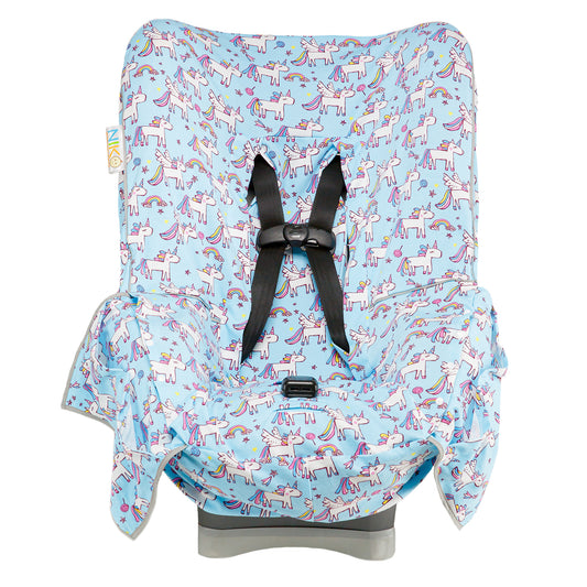 Niko Easy Wash Children's Car Seat Cover in 100% Cotton, Blue with Unicorn Print
